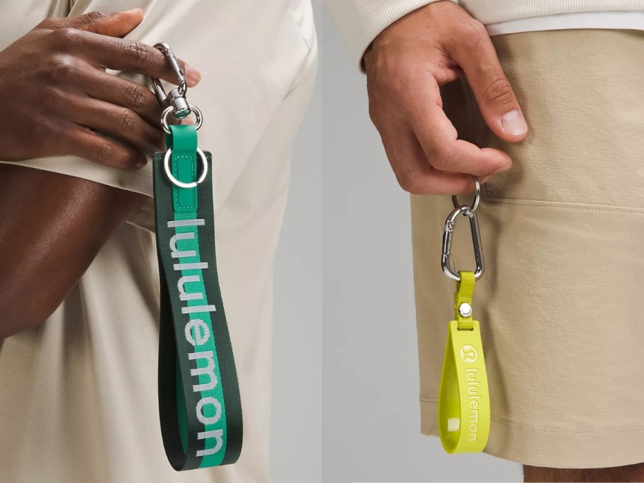 people holding lululemon Keychains - one larger one in 2 shades of green and one smaller in bright yellow