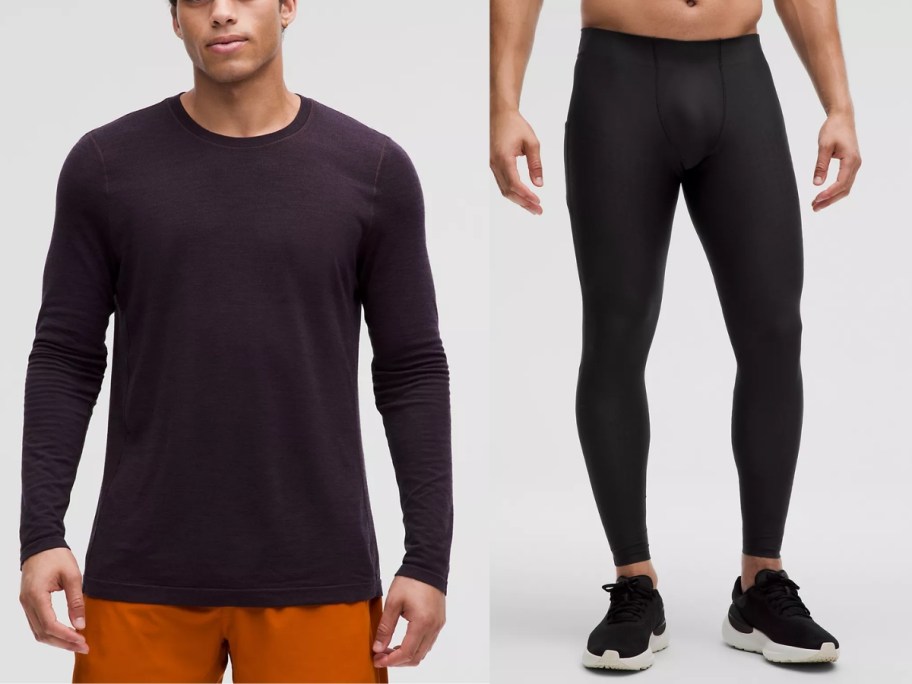 man wearing a black long sleeve top and orange pants and man wearing base layer black legging