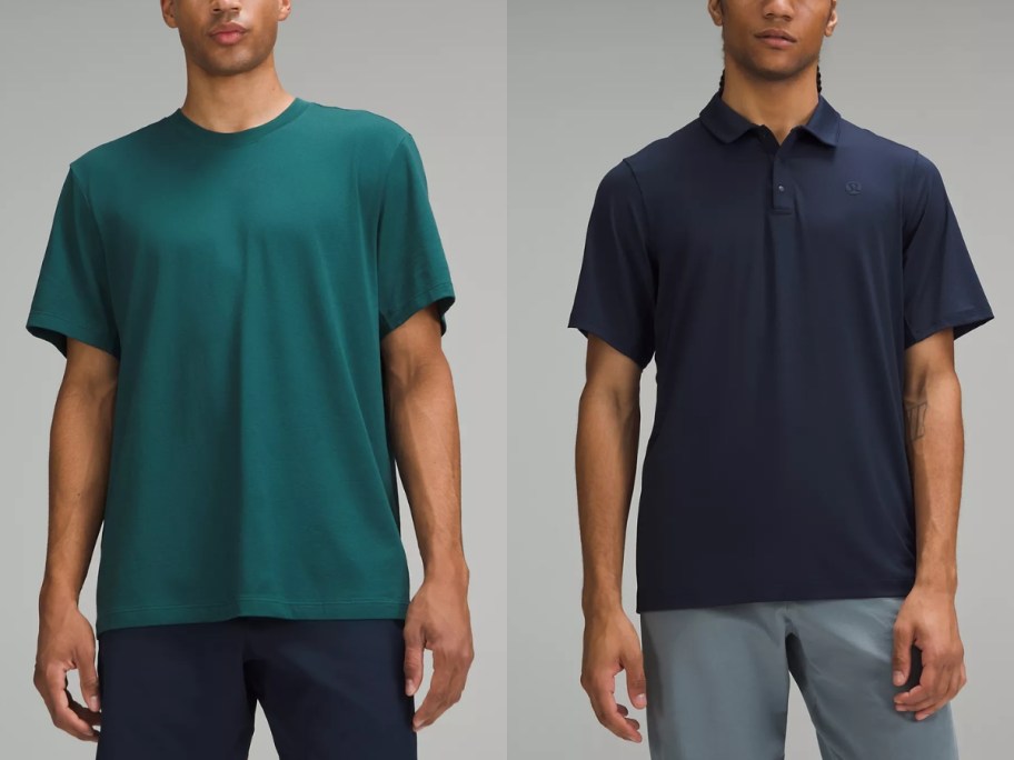 man wearing a teal green tshirt and man wearing a navy blue polo shirt