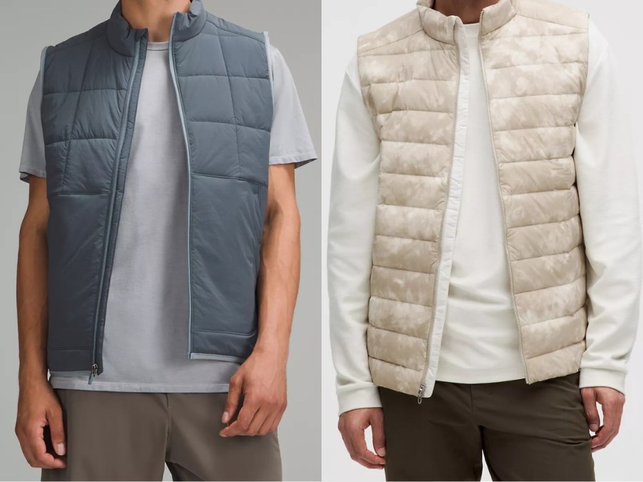 man wearing a grey blue quilted zip up vest and man wearing a white and tan pattern puffer zip up vest