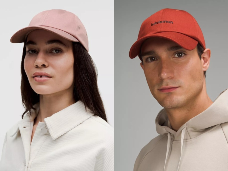 woman wearing a pink lululemon baseball style cap and man wearing a red lululemon baseball style cap 