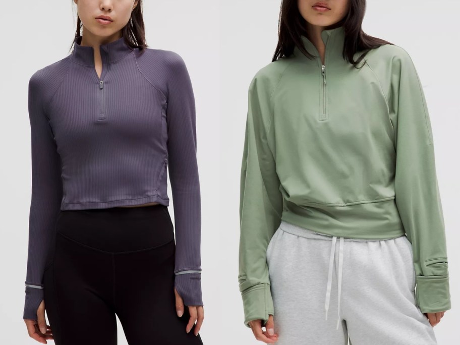 woman wearing a purple quarter zip long sleeve top and woman wearing a green quarter zip long sleeve top