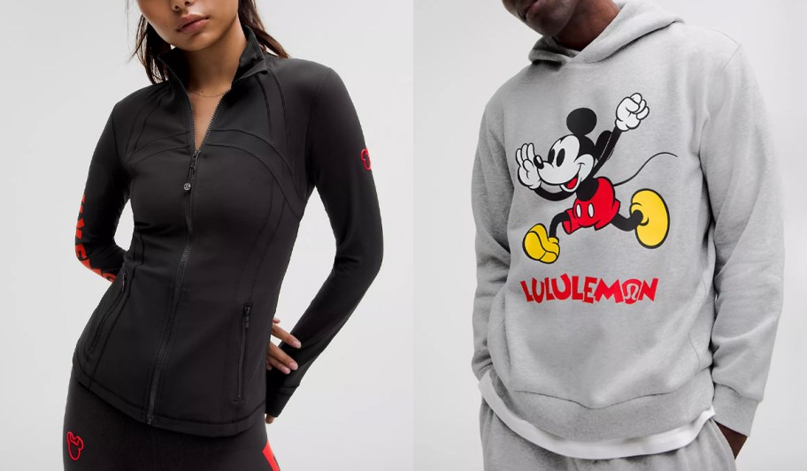 woman wearing black jacket and man wearing gray mickey jacket 