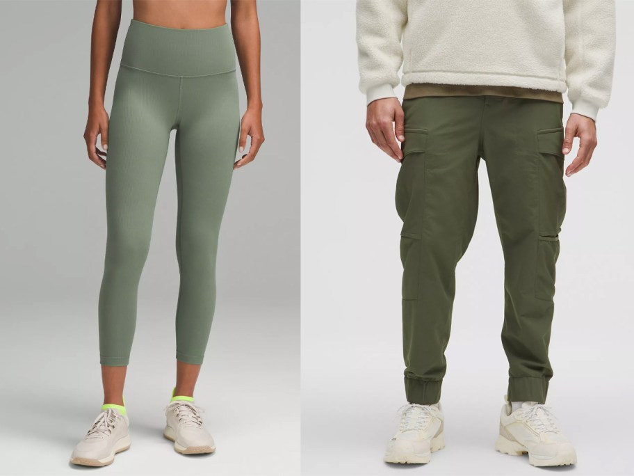 woman wearing green leggings and man wearing green joggers 