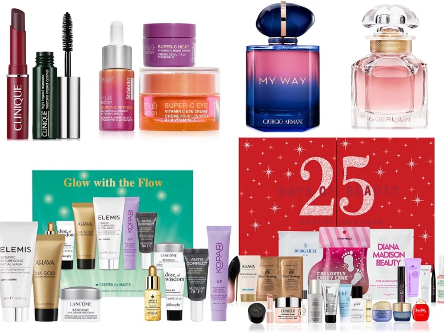 a Clinique makeup set, a Strivectin Skincare set, a bottle of Armani Perfume and a bottle of Guerlain Perfume, a skincare set with a green box, and a beauty advent calendar with a red box and skincare items in front of it