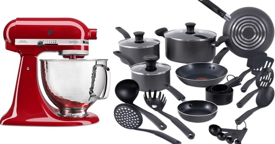 red KitchenAid stand Mixer and a large black set of T-Fal Cookware and kitchen utensils