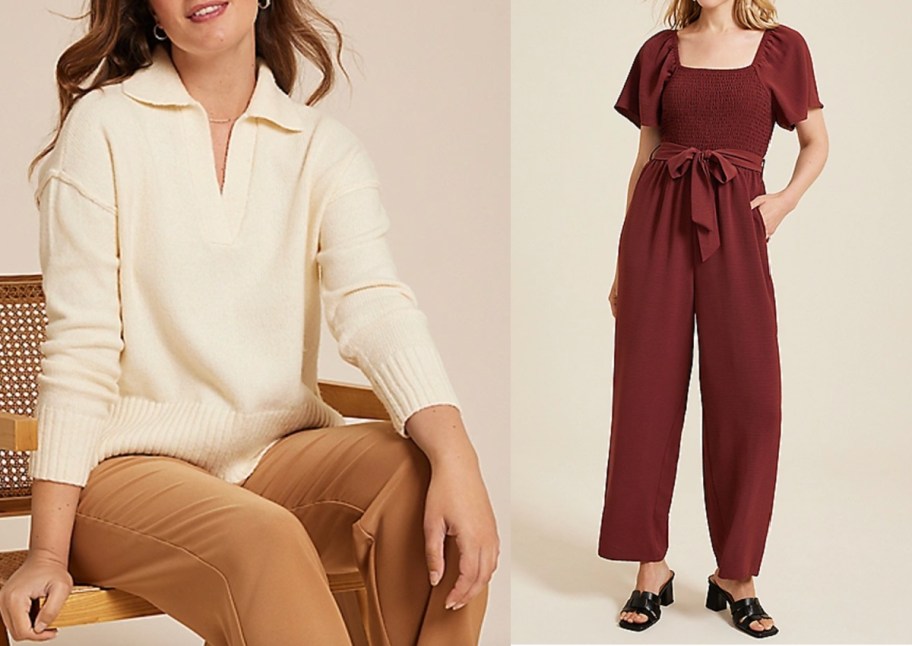 white sweater and maroon jumpsuit