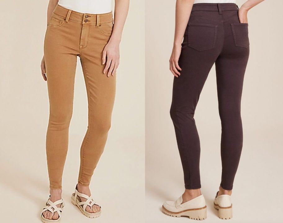 tan and brown skinny jeans