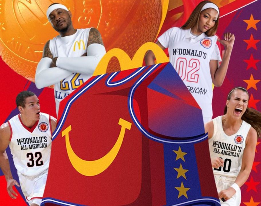 macdonald all americqan meal poster featuring 4 basket ball players and the specially designed happy meal box. 