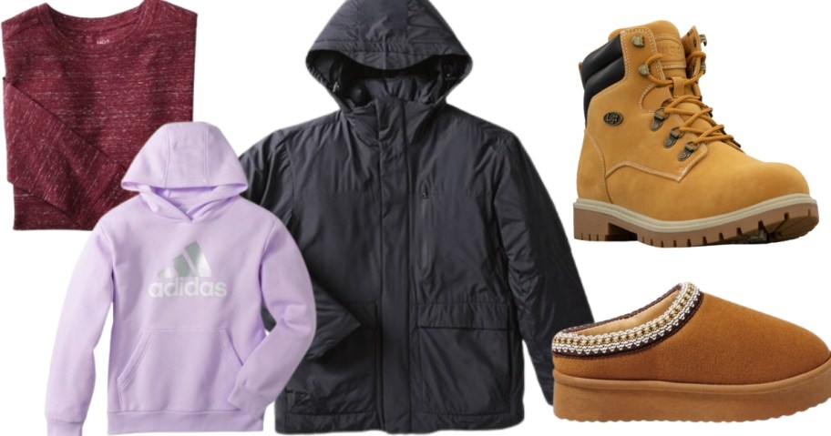 men's shirt folded over, kid's lavender purple Adidas hoodie, men's black puffer jacket, mens tan Lugz boot, and tan women's slipper that looks like an UGG slipper