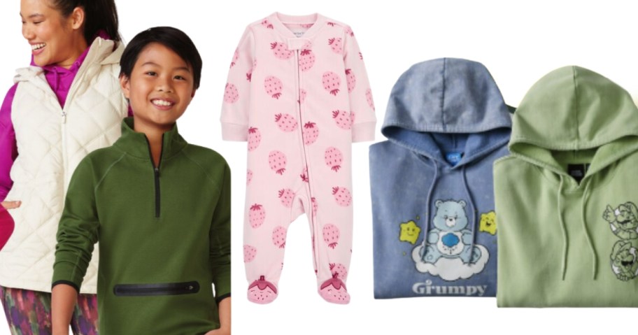 woman wearing a white vest and pink shirt, boy wearing a green pullover, a pair of baby footie pajamas in pink with strawberries, and 2 hoodies with characters on them