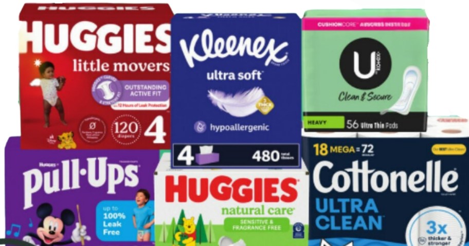 boxes of Huggies diapers and Pull-ups, Kleenex, U by Kotex tampons and Cottonelle Toilet paper pack