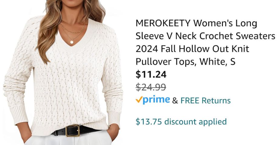 woman wearing white sweater next to Amazon pricing information