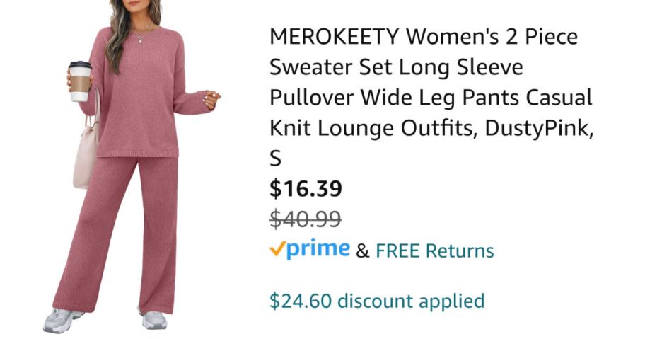 woman wearing pink sweater set next to Amazon pricing information