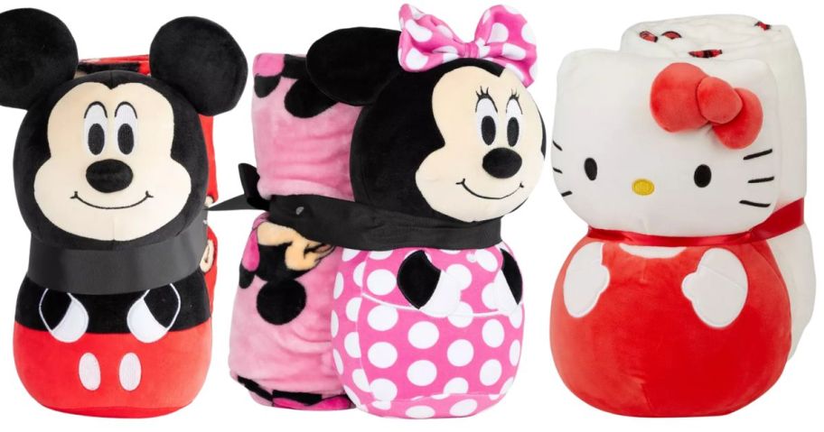 mickey mouse, minnie mouse, and hello kitty Pillow & Throw Set stock images