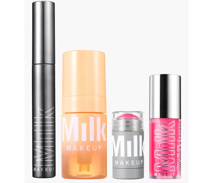 mascara cream blush spray and lip oil 