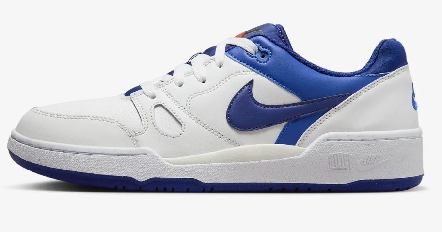 men's Nike shoe in white with blue accents