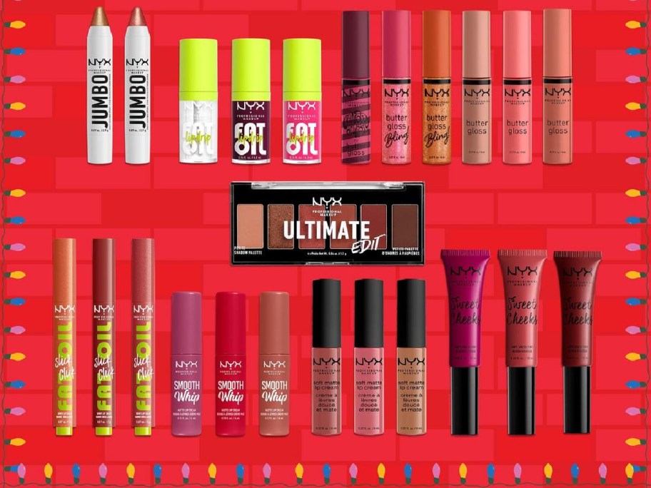 nyx advent calendar contents on a decorative red background