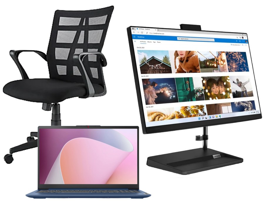 black office chair, laptop, and desktop