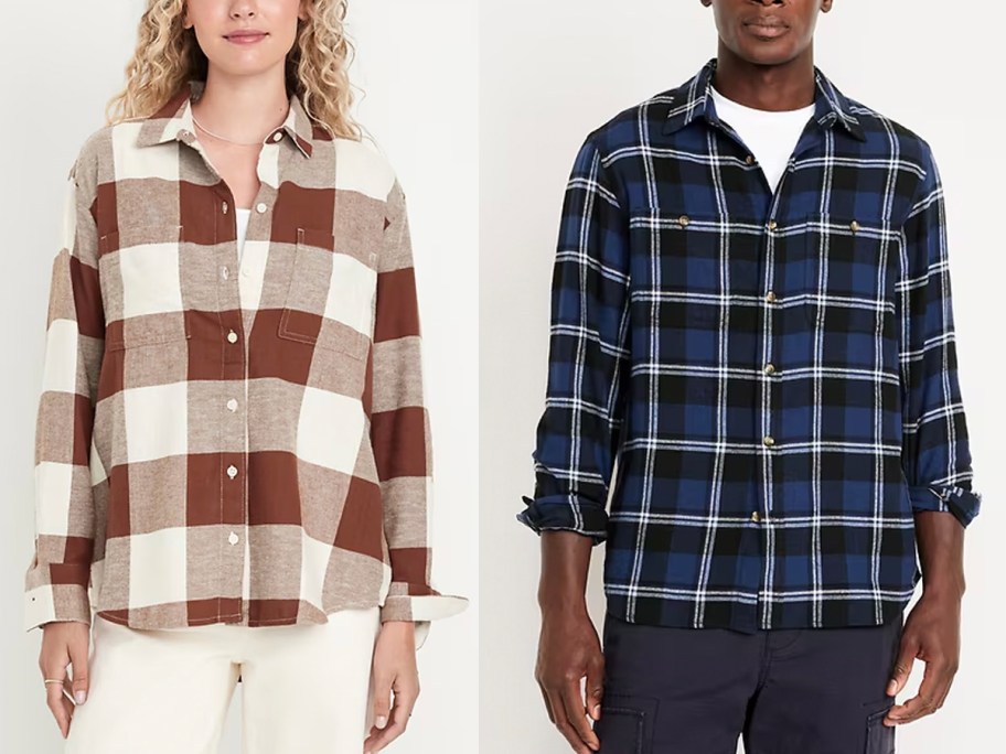 woman and man wearing brown and blue flannel shirts 