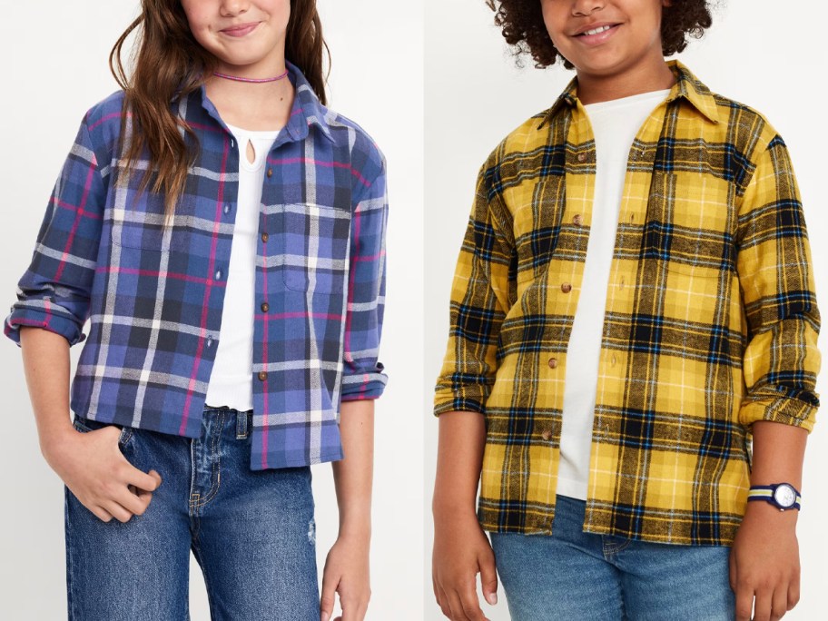 kids wearing purple and yellow flannel shirts 