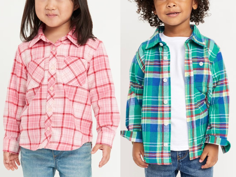 toddlers in pink and green flannel shirts 