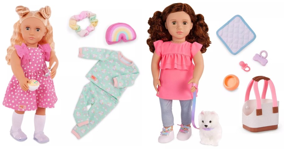 a fashion doll with blond hair wearing a pink dress, a pajama outfit is next to her, another fashion doll with brown hair wearing a pink top and blue pants with a toy dog and pet accessories