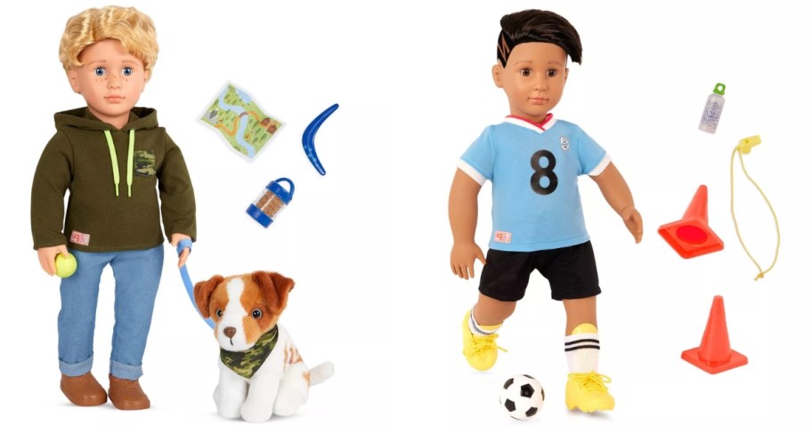 a boy fashion doll in a hoodie and jeans with a pet dog and accessories and a boy fashion doll in a soccer outfit with a soccer ball and game accessories