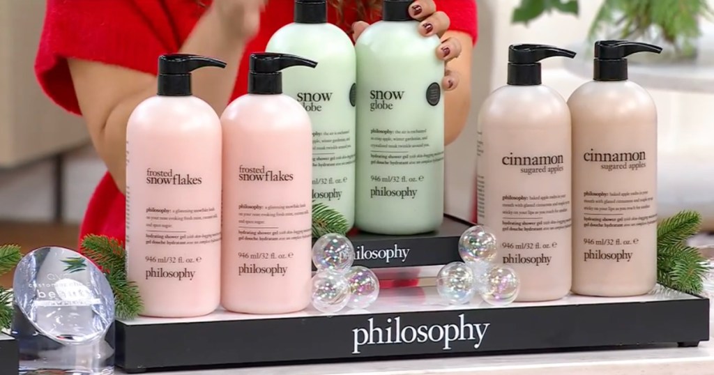 holiday display of bottles of philosophy Everyday is a Holiday Supersize Shower Gels