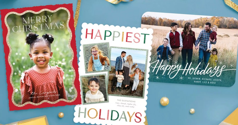 christmas photo cards on blue background