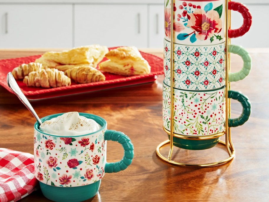 pioneer woman mugs on table with bread