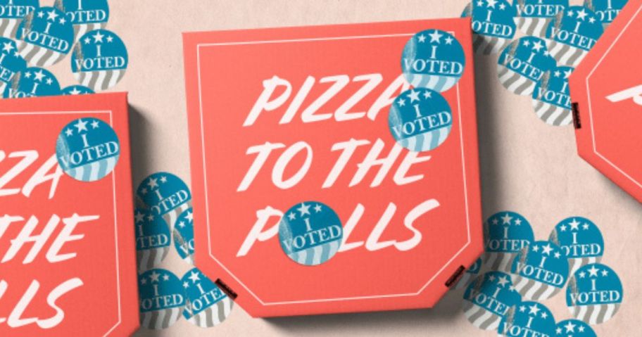 Pizza to the polls box with I Voted stickers