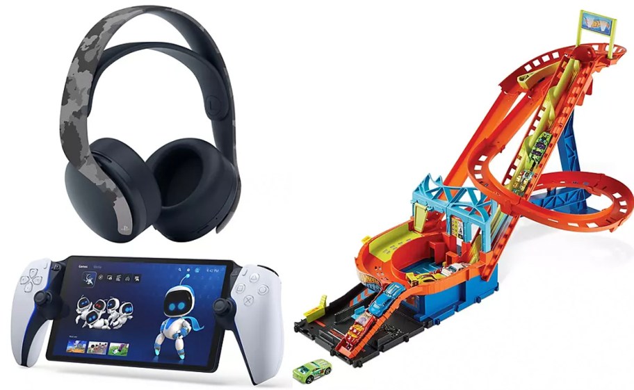 playstation game, headset, and hot wheels set 