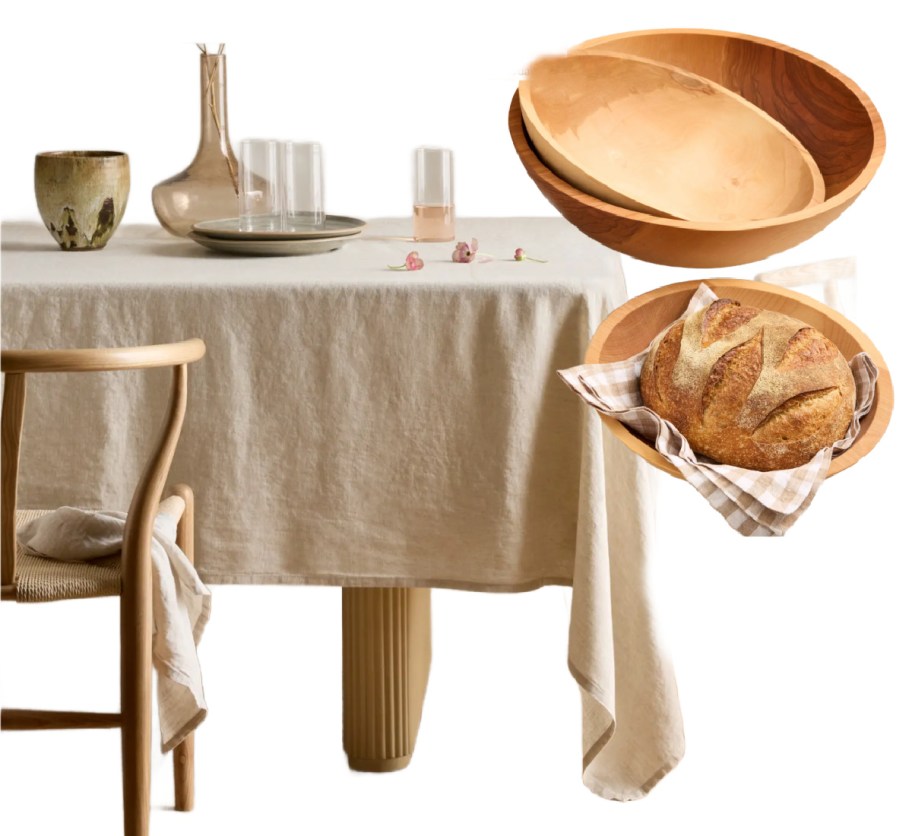 linen tablecloth and wood bread bowls