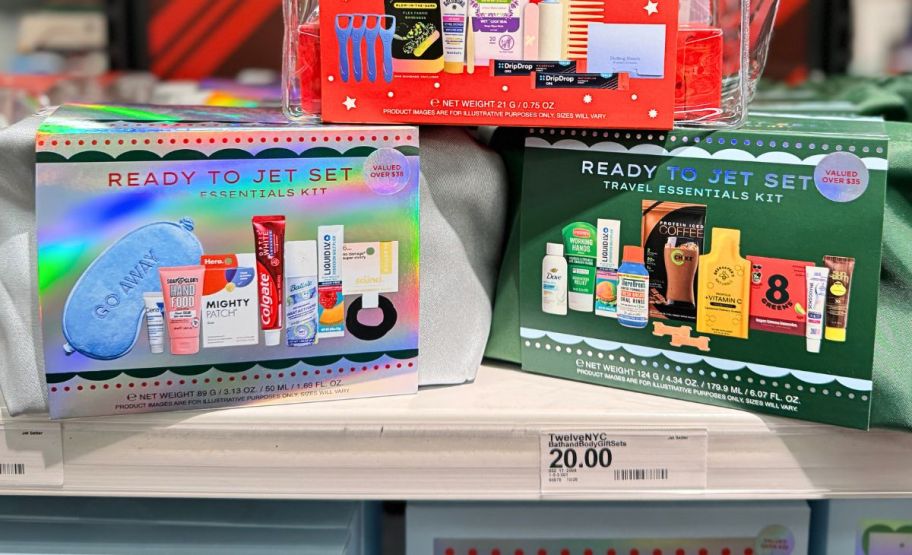 two ready to jet travel kits on a store shelf