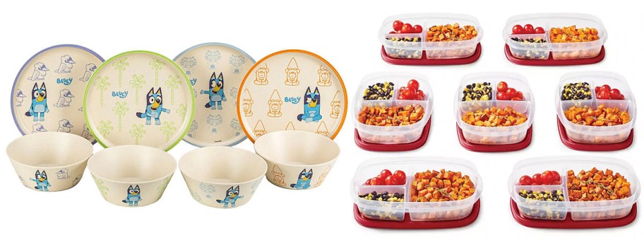 bluey dinner plates set and rubbermaid storage containers with food 