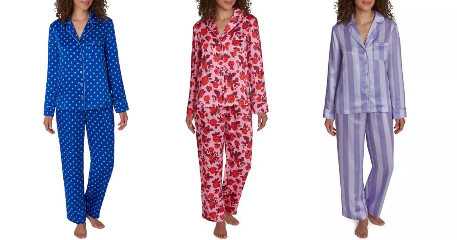 3 women wearing blue, floral and purple stripe pajamas