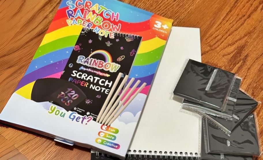 rainbow scratch paper set on a countertop