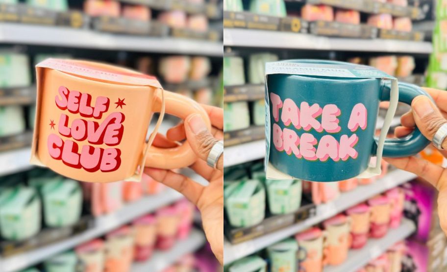 two images of a womans hand holding a mug