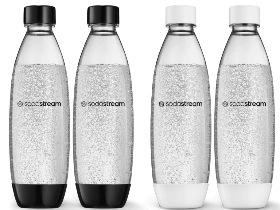 4 small SodaStream bottles, 2 with white and 2 with black