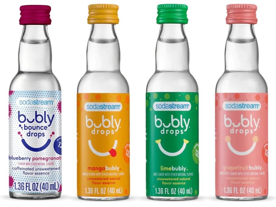 four bottles of SodaStream bubly flavor drops in different flavors