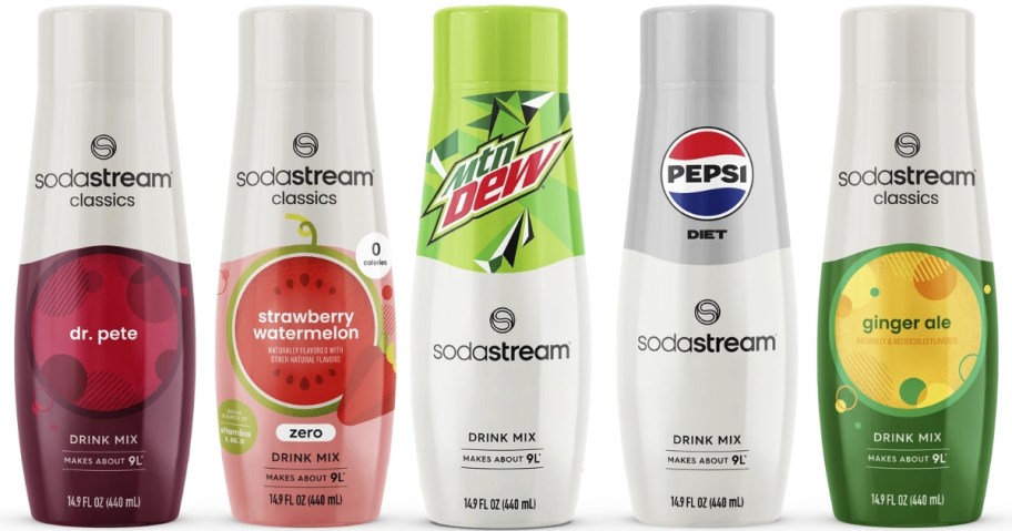 five bottles of SodaStream flavors - Dr. Pete, Strawberry Watermelon, Mountain Dew, Diet Pepsi and Ginger Aie