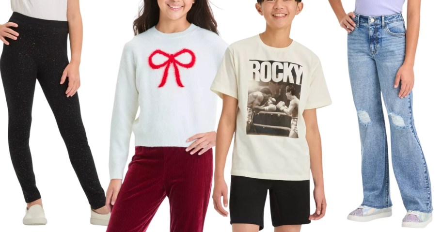 girl wearing black sparkle leggings, girl wearing a white sweater with a red bow and red pants, boy wearing a graphic tee and shorts, girl wearing jeans with ripped knees