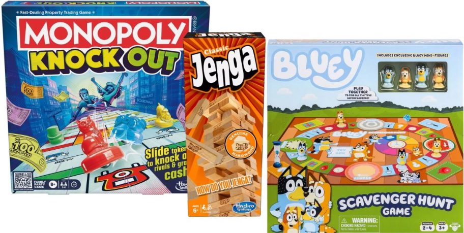 board game boxes - Monopoly Knock Out, Jenga, and Bluey's Scavenger Hunt