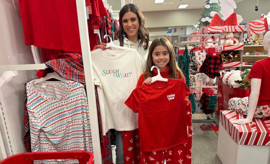 mom and daughter with matching family tee and pants