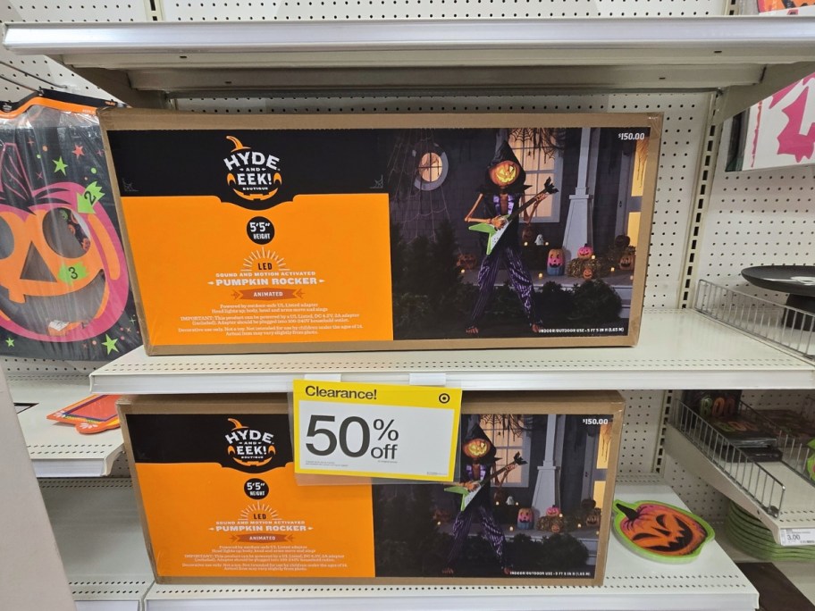 Halloween animatronic in a box on a shelf in Target