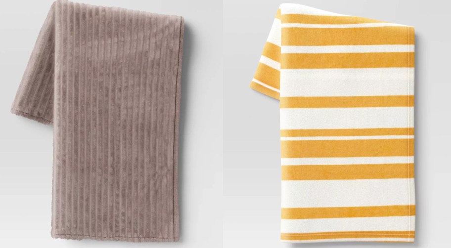 brown and yellow and white striped blankets 