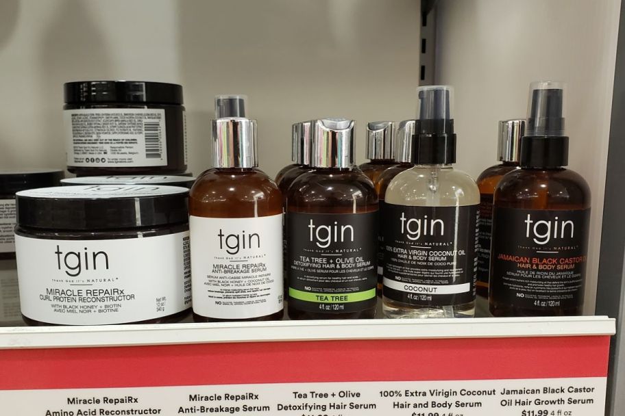 tgin hair care products on a store shelf