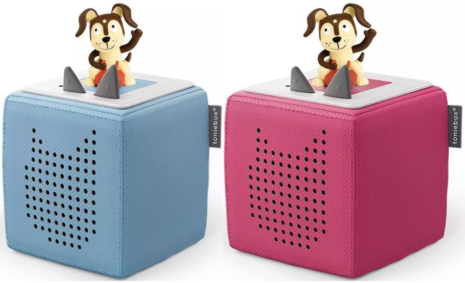 two puppy tonie boxes in light blue and pink