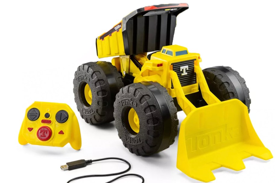 yellow and black tonka truck with controller